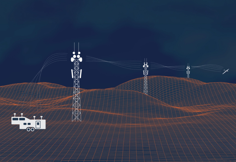 A stylized landscape containing communication towers, an unmanned vehicle, and a mobile command center